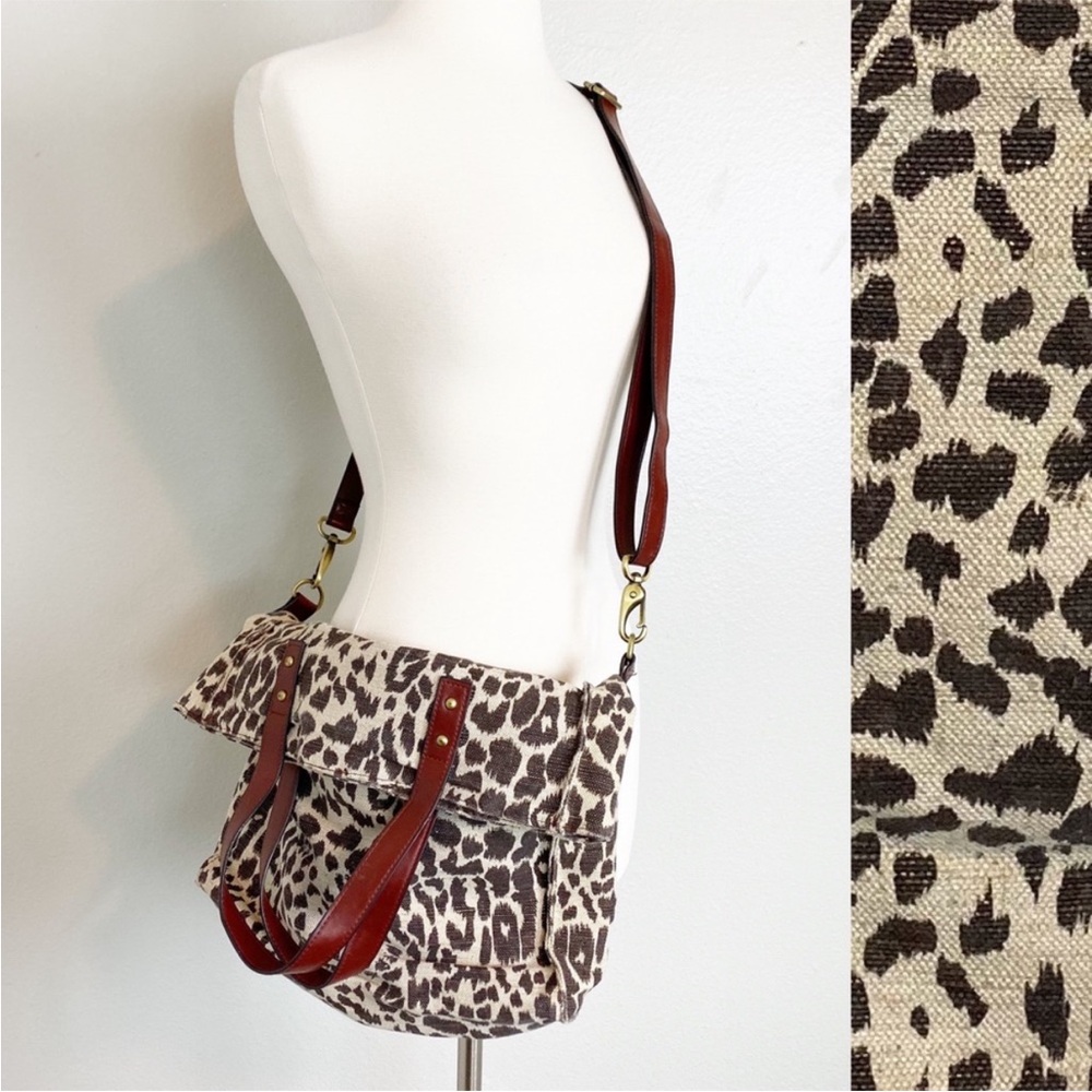 Vintage Leopard Print Canvas Crossbody Bag with Brown Leather Trim